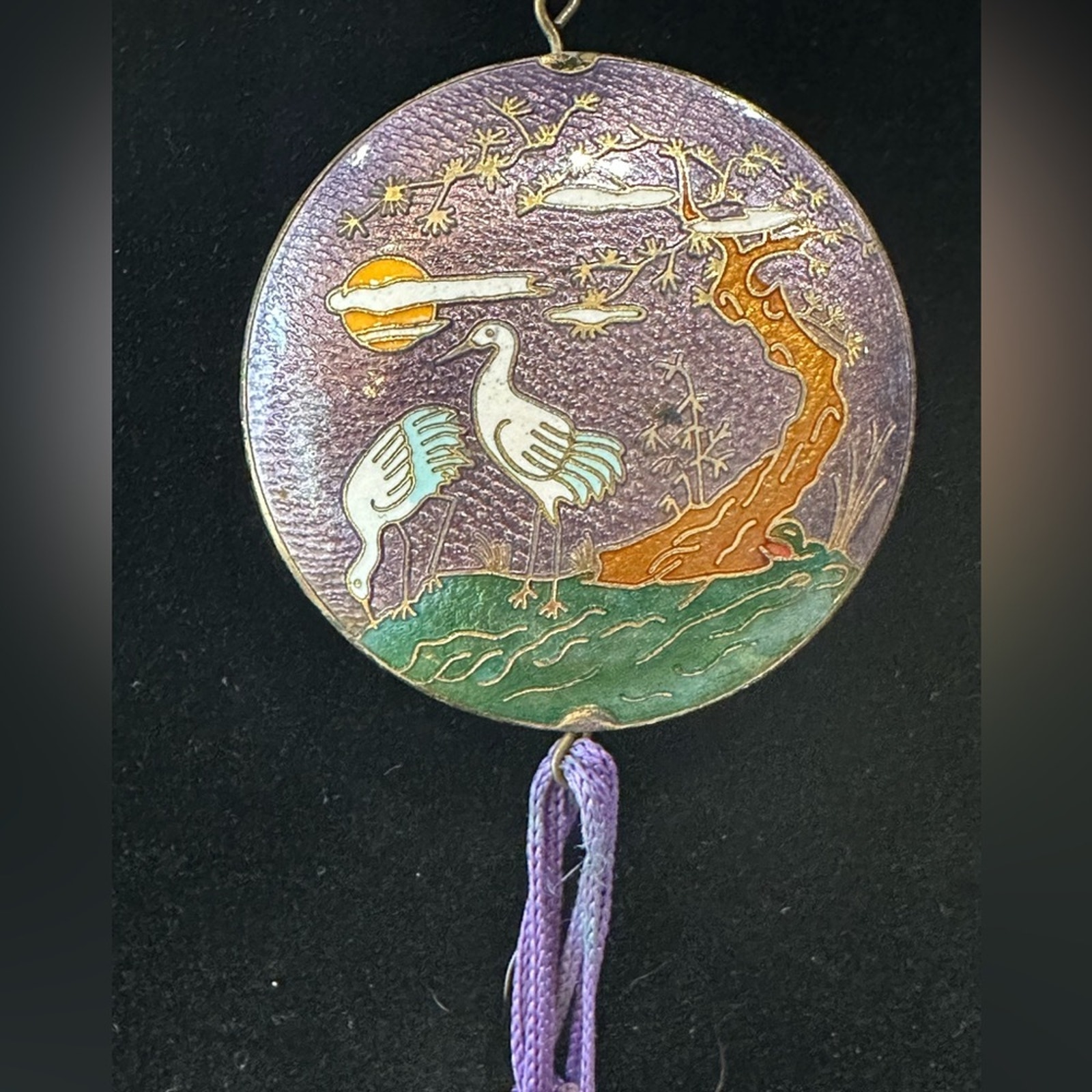 Vintage Freirich Cloisonn Purple Crane Sakura Tree Dbl Sided Pendant Necklace